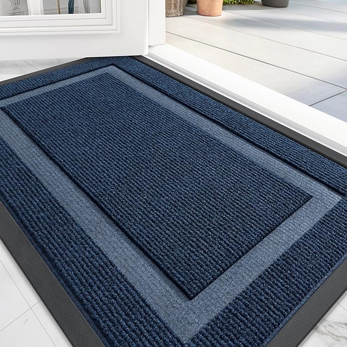 OLANLY Front Door Mat Indoor Outdoor Entrance, Waterproof All-Season, All-Weather Doormat, Sturdy Natural Rubber, Fade Resistant, Low Profile, Easy Clean Patio Porch Entryway Mat, 59x35, Blue