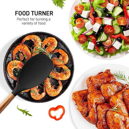 Zulay Kitchen Non-Stick Cooking Utensils Set with Authentic Acacia Wood Handles – 5-Piece Durable & Stylish Silicone Kitchen Utensils Set – Heat Resistant to 464°F – Black