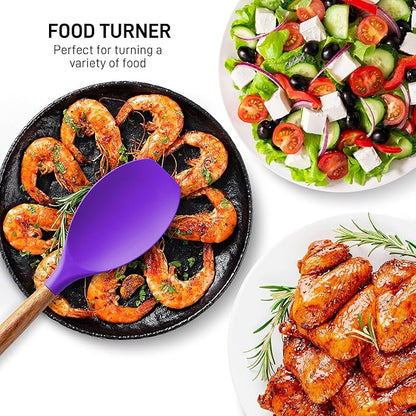 Zulay Kitchen Non-Stick Cooking Utensils Set with Authentic Acacia Wood Handles – 5-Piece Durable & Stylish Silicone Kitchen Utensils Set – Heat Resistant to 464°F – Purple