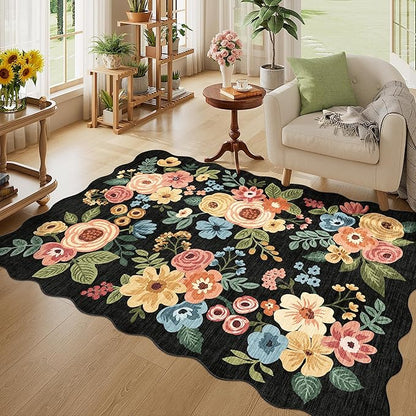 DUKINO 4x6 Area Rug, Floral Non-Slip Indoor Washable Rug with Low Pile & Non-Shedding, Lightwight Boho Design Carpet for Entryway, Bedroom, Kids Room, Living Room, Kitchen, Black