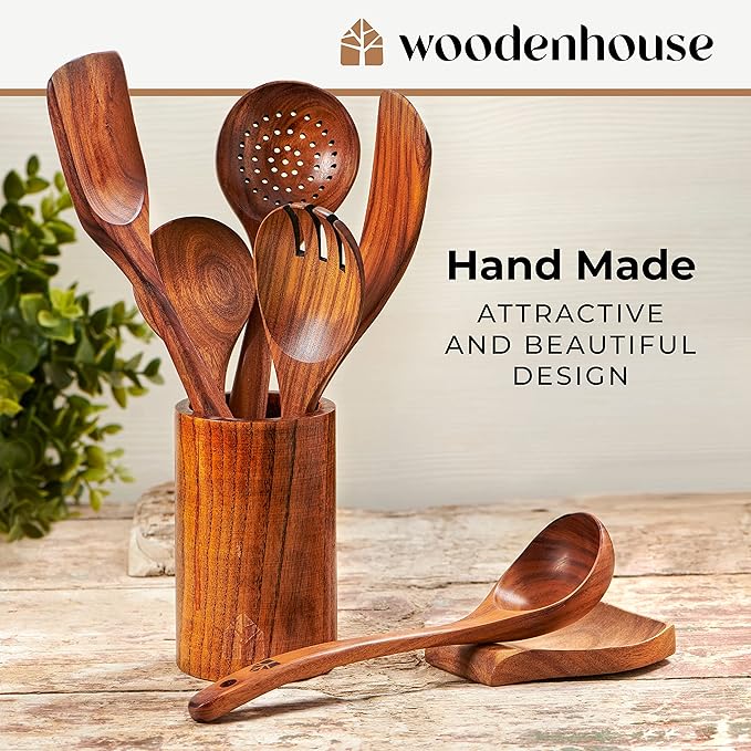 Wooden Utensil Set 8 Pcs – Sturdy & Easy to Clean, Natural Teak Wooden Spoons for Cooking – Non-Scratch Cooking Utensils with Spatula, Turner, Ladle, Spoons, Skimmer, Holder, Spoon Rest & 6 Hooks