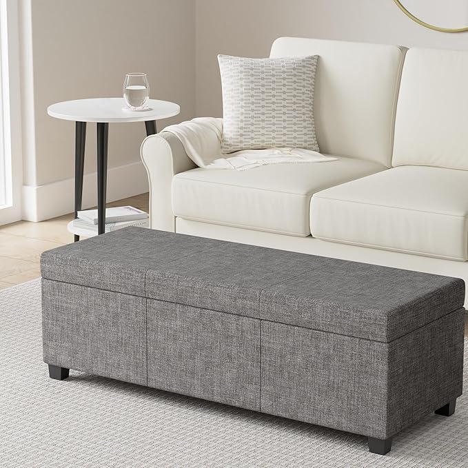 SIMPLIHOME Avalon 48 inch Wide Contemporary Rectangle Storage Ottoman Bench in Dark Grey Tweed Look Fabric, Assembled, For the Living Room, Entryway and Family Room