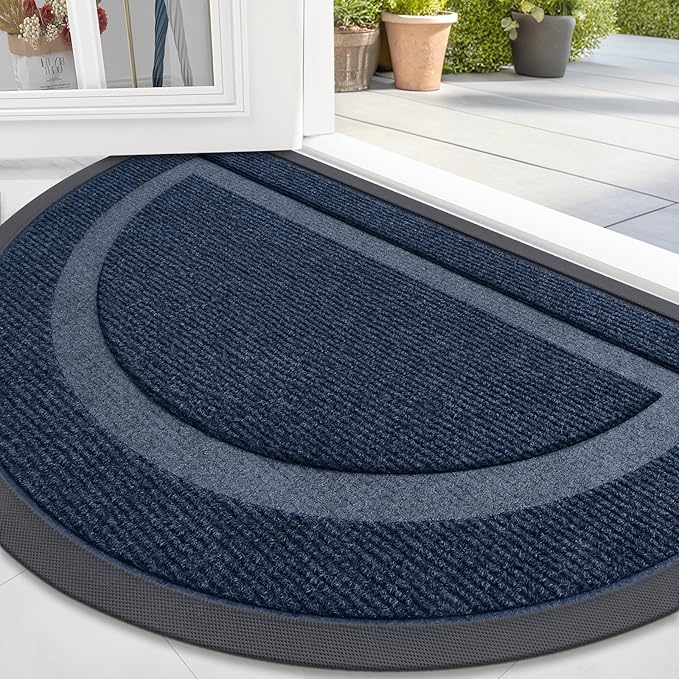 OLANLY Half Circle Door Mat Indoor Outdoor Entrance Welcome, Waterproof All-Season, All-Weather Doormat, Sturdy Natural Rubber, Low Profile, Easy Clean Patio Porch Entryway Mat, 47x23, Blue