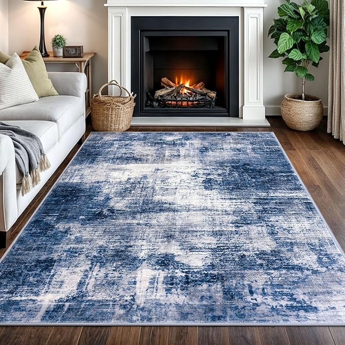 IOHOUZE Abstract Area Rugs 5x7 Ft Washable Rugs for Living Room, Non Slip Dining Room Rug, Printed Faux Wool Rugs for Bedroom, Floor Carpet for Kitchen Nursery Playroom, Navy/Grey