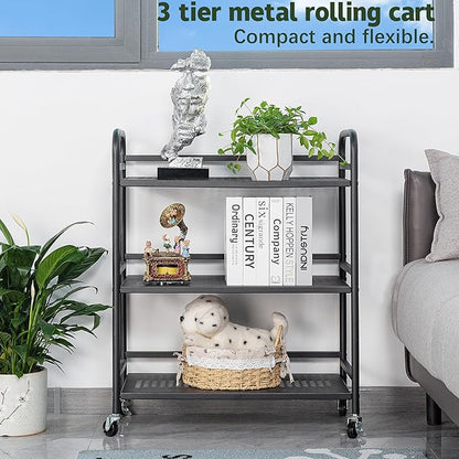 HDANI 3 Tier Metal Rolling Heavy Cart Supports 40 Lbs Per Tier,Rolling Cart with 2 Lockable Wheels for Office,Home,Bedroom,Kitchen,Bathroom(Black)…