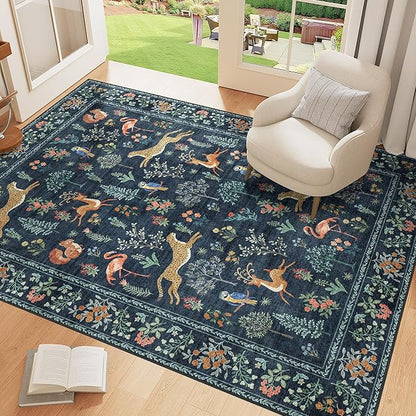 DUKINO 4x6 Rug, Washable Animal Area Rug with Non Slip Vintage Design, Indoor Soft Low Pile Carpet for Bedroom, Nursery, Dining Room, Farmhouse, Playroom, Navy Blue