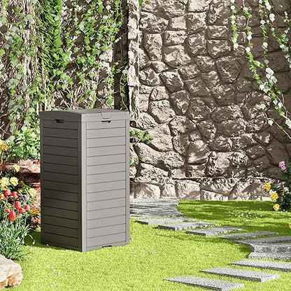 NUNU LAB 31 Gal Outdoor Trash Can with Lid - Heavy Duty Waterproof Resin, Removable Drip Tray, Fits 33-40 Gallon Bags - Large Garbage Bin for Patio, Backyard, Deck