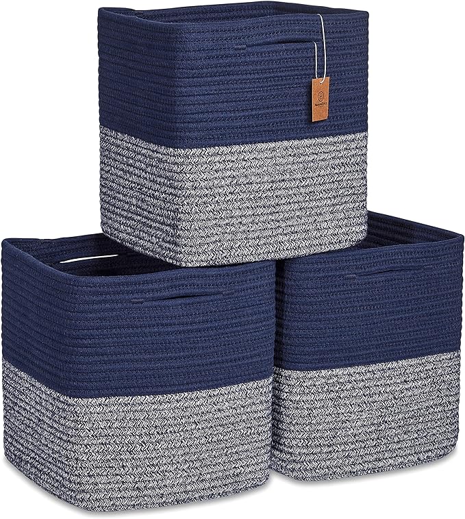 NaturalCozy Storage Cubes 11 Inch Cotton Rope Woven Baskets for Organizing, 3-Pack | Cube Storage Bin | Square Storage Baskets for Shelves Organizer, Classroom, Kids Toy Bins, Closet, Baby Nursery
