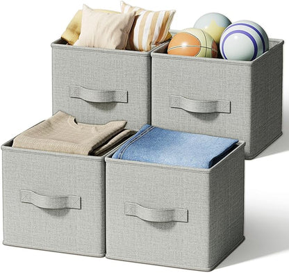 4 Pack Foldable Fabric Closet Storage Bins, 11Inch Organizer Cubes with Handles, Linen Storage Boxes for Clothes, Toys, Books and Home Organization,Gray