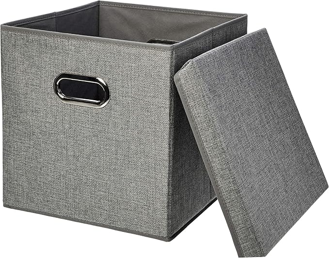 Amazon Basics Foldable Burlap Cloth Cube Storage Bin with Lid, Stackable and Sturdy, Gray, Set of 2