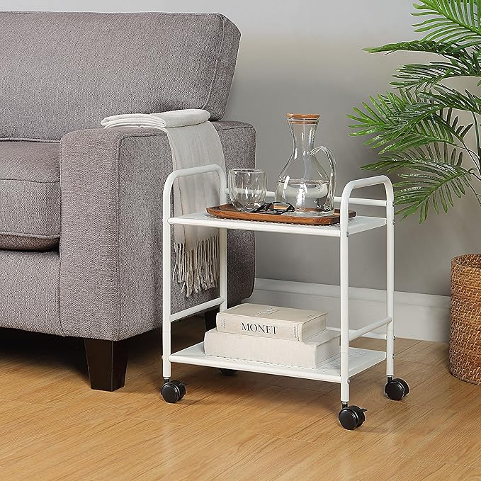 SunnyPoint 2-Tier Metal Rolling Utility Cart – Mobile Storage Shelf with Caster Wheels – Small Space Organizer for Home, Office, Bedroom, Kitchen (WHT)