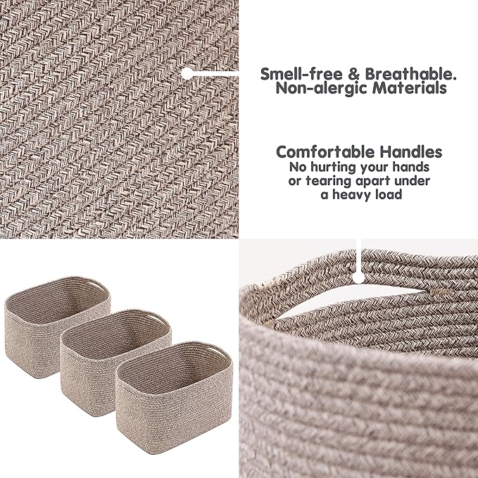 CHAT BLANC Cotton Rope Baskets for Organizing | Storage Baskets for Shelves | Rope Basket for Storage, Small Laundry Baskets, Woven Baskets for Storage, Dog Toy Bin, Baby Basket, Brown 3 Pack