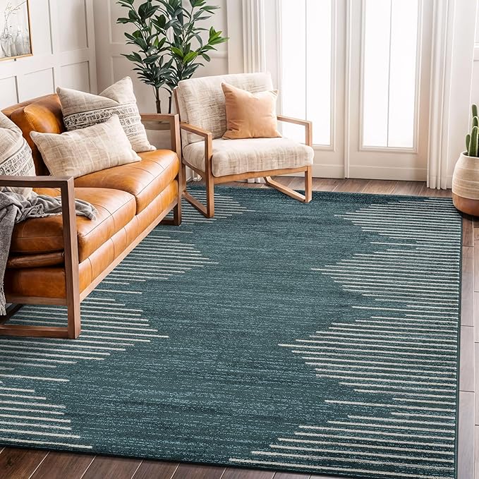 Rugshop Bohemian Stripe Stain Resistant High Traffic Living Room Kitchen Bedroom Dining Home Office Area Rug 5' x 7' Teal